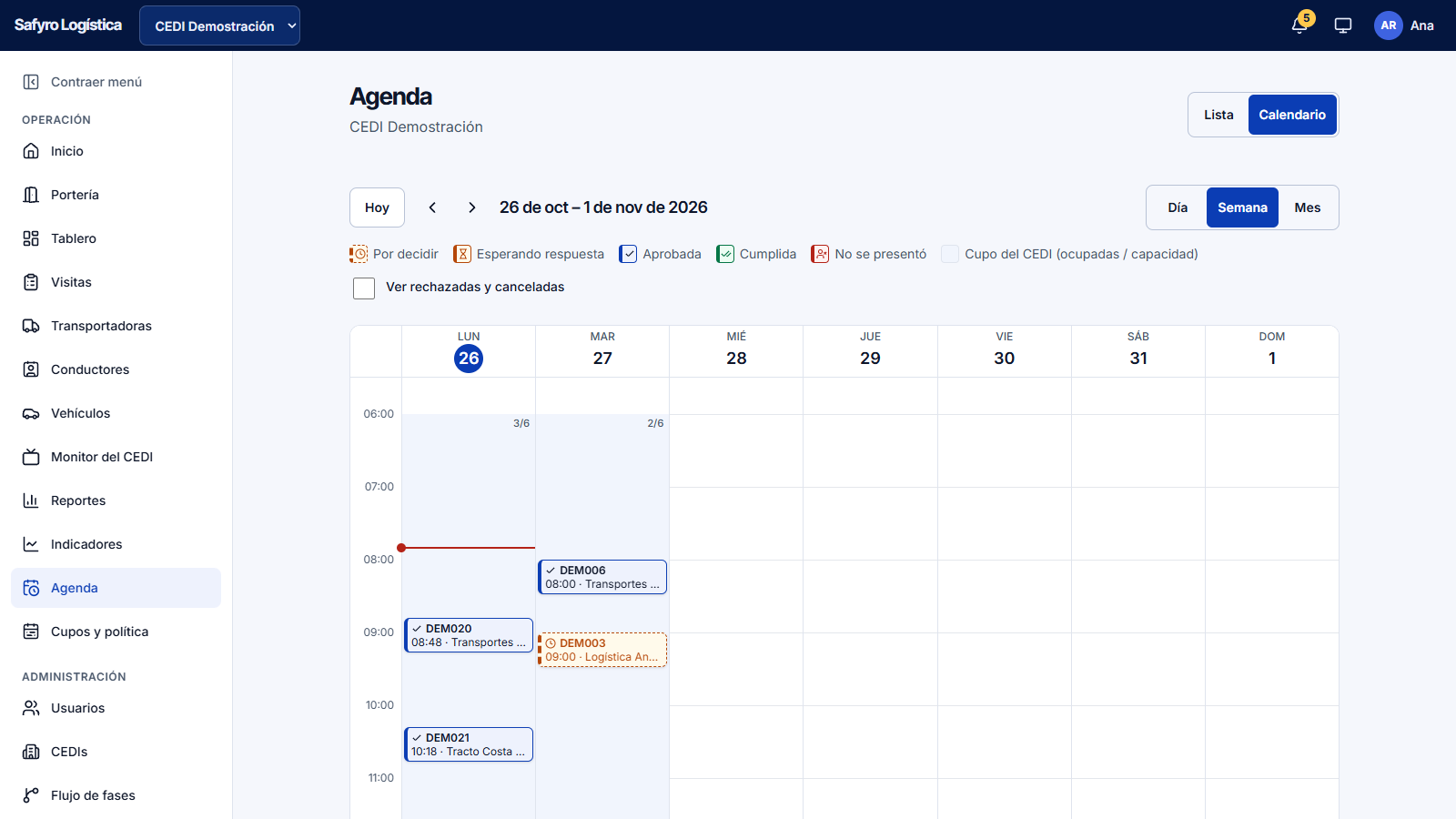 Agenda en vista de semana con las citas y los cupos del CEDI