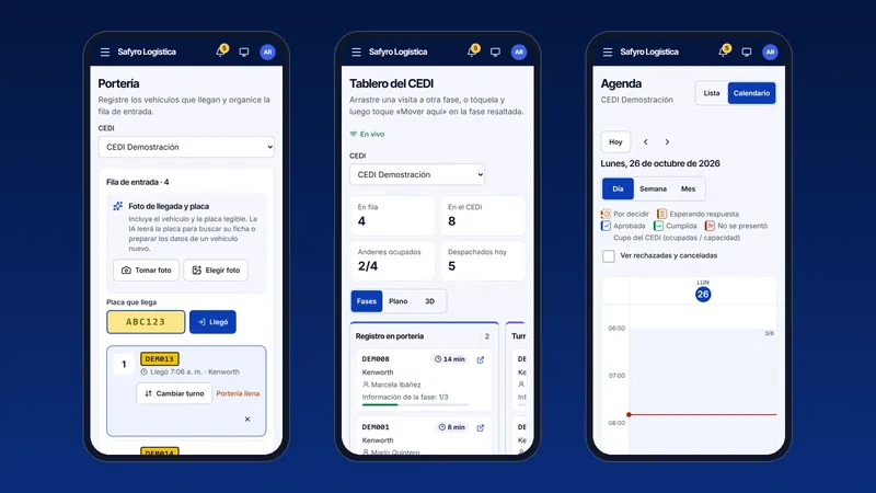 Tres celulares con la portería, el tablero del CEDI y la agenda en vista de día