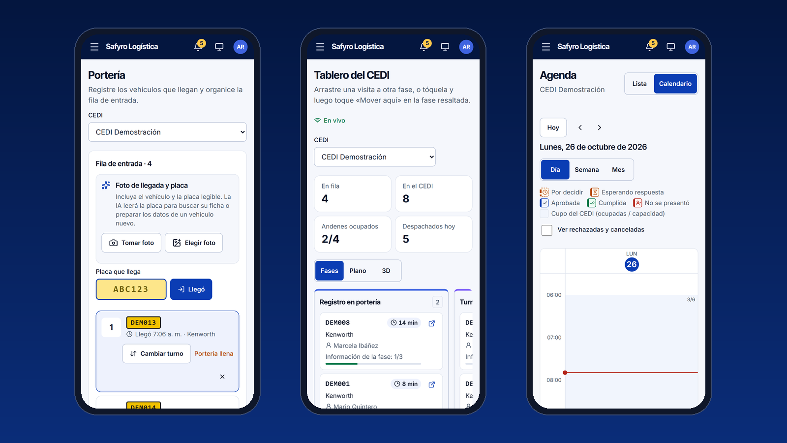 La portería, el tablero y la agenda en tres celulares