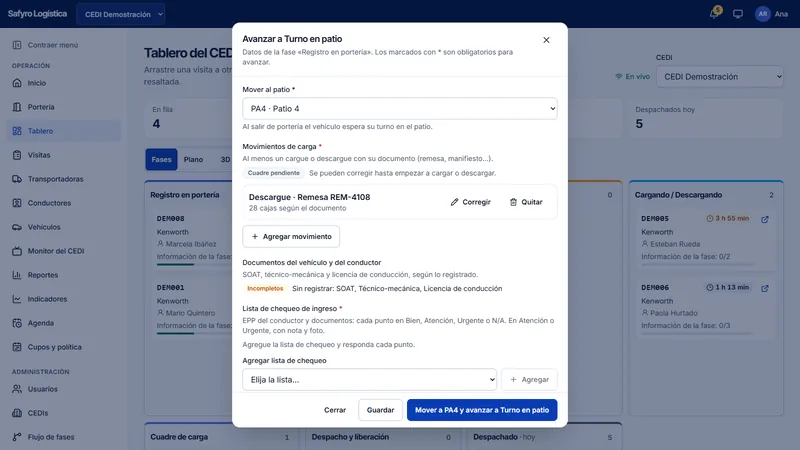 Ventana para avanzar un vehículo a turno en patio con el patio elegido, el movimiento de carga, los documentos del vehículo y del conductor y la lista de chequeo de ingreso