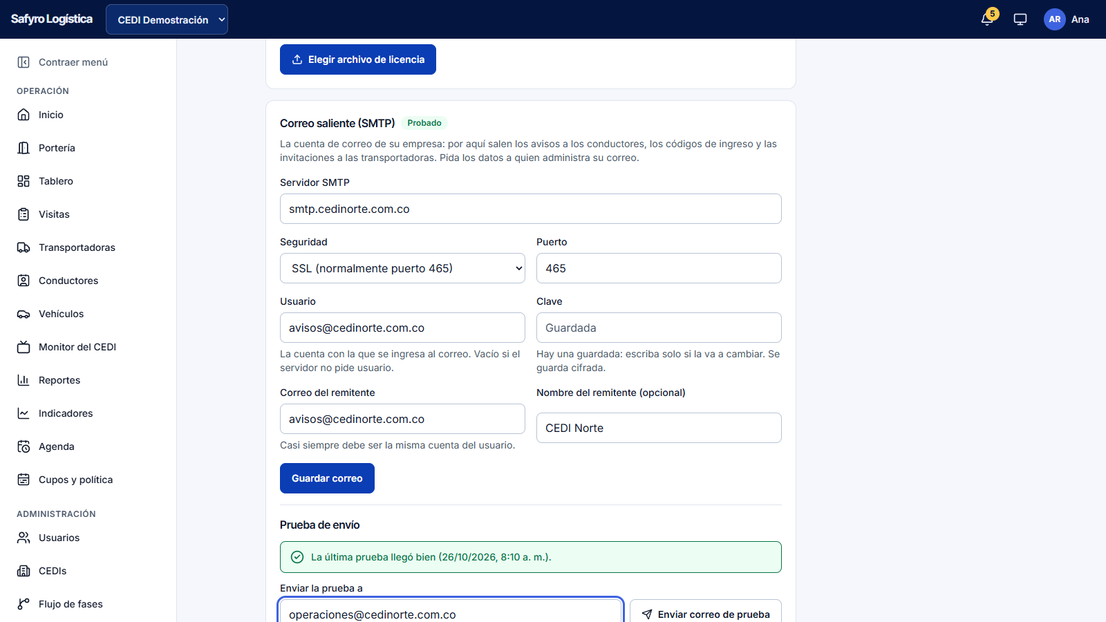 Licencia de la instalación y correo saliente de la empresa